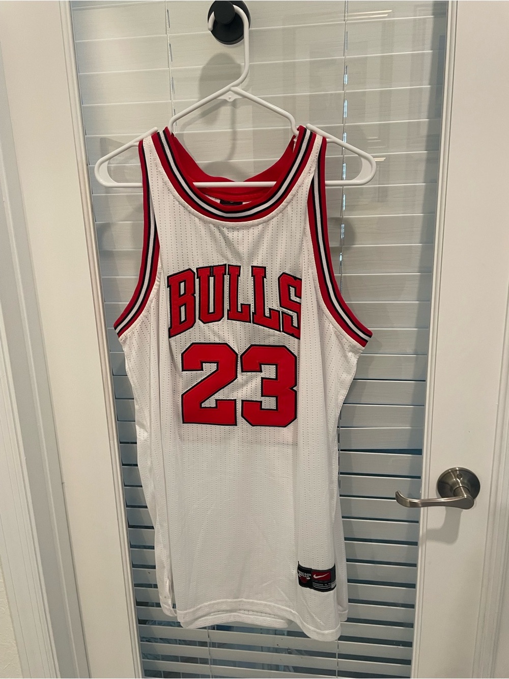 Nike White and Red Bulls #23 Basketball Jersey